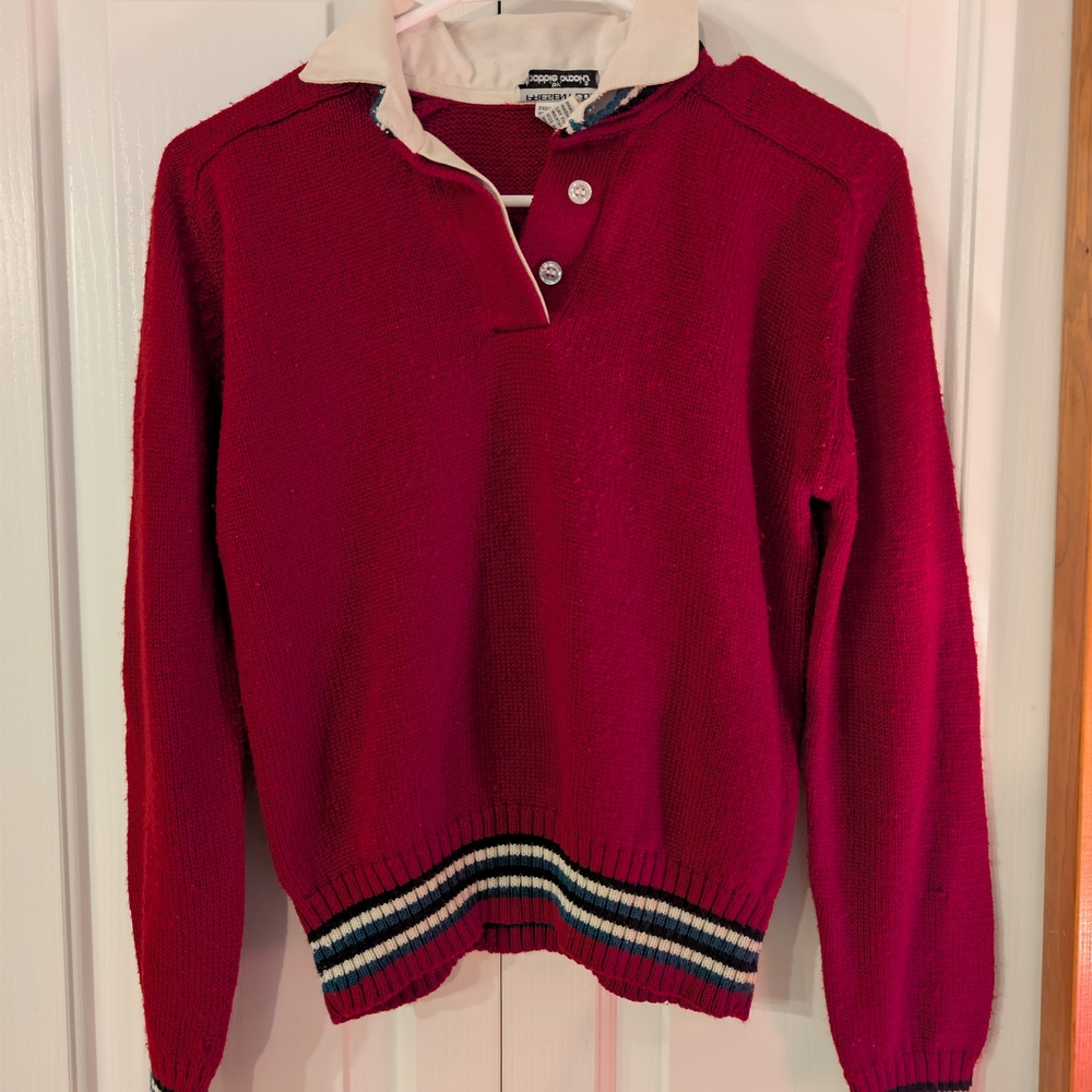 Vintage Brooks Red Crewneck Sweater with Striped Hem